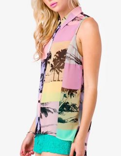 New Women Fashion Sleeveless Coconut Tree Print Vest Collar Chiffon Shirt B2128