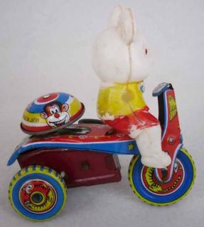 Vintage Japanese Wind Up Tin Plastic Toy Rabbit Riding A Bicycle Japan