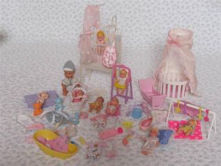 Lot of 9 Mattel Barbie Babies Crib Beds Swing Clothes Toys Krissy Dolls Preowned