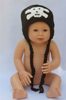 Handmade Crochet Pink Black Skull Hat Newborn Baby Child Knit Hat Photograph Hat