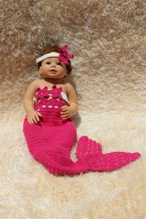 Handmade Crochet Knit Mermaid Tail Headband Newborn Baby Photo Prop Hot Pink