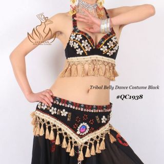 Tribal Professional Belly Dance Costume Dress Clothes 2pcs Bra Belt Black s M L
