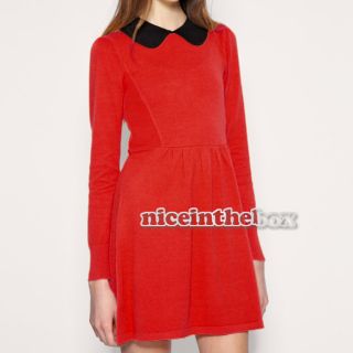 Women Colour Block Pleated Peter Pan Contrast Collar Baby Doll Long Sleeve Dress