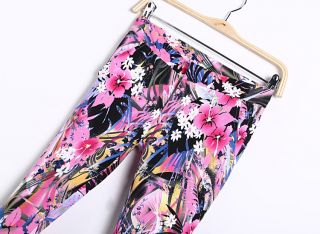 New Womens European Fashion Summer Flower Print Slim Fancy Pencil Pants B2224