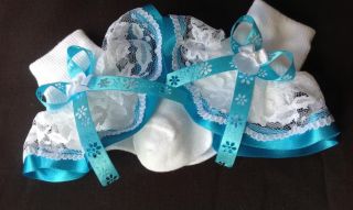 Turquoise Blue Flower Bow Frilly Socks Baby Girl Shoe 3 5 5 1 2 Years
