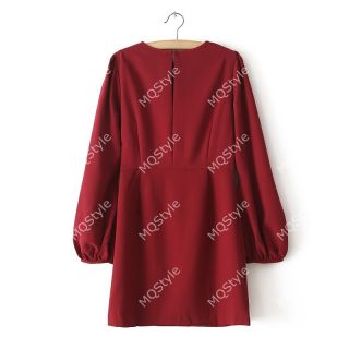 Women Fashion Sexy Round Neck Puff Long Sleeve Bodycon Mini Dress Red B3346MK
