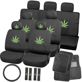 27pc Complete Green 420 Weed Marijuana Leaf Seat Cover SUV Set Floor Mats