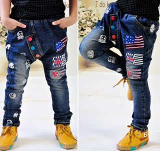 New Size 2 7Years Casual Boys Pants Kids Printing Skull Flag Pants Jeans PB087