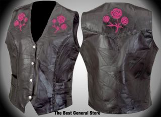Womens Ladies Black Leather Fashion Vest with Rose Motorcycle Biker Braided Trim