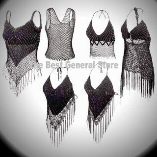 6pc Ladies Sexy Knit Black Halter Top Set Fringe Beads