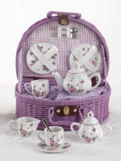 Posh Purple Butterfly Delton Child's Tea Set for Two in Adorable Basket