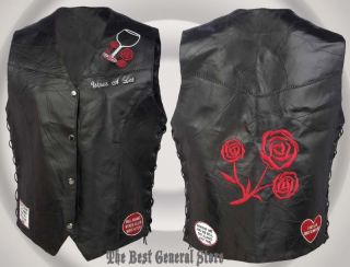 Womens Rose Black Leather Motorcycle Vest Biker Ladies with Patches