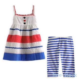 New 2 Pcs Girls Blue Striped Straps Skirt Pants Outfits Summer Clothes Set 2 7Y