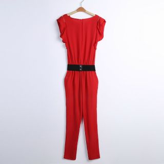 New Womens Fashion Loose Short Sleeve Zip Belt Jumpsuits Rompers 2 Colors B1408