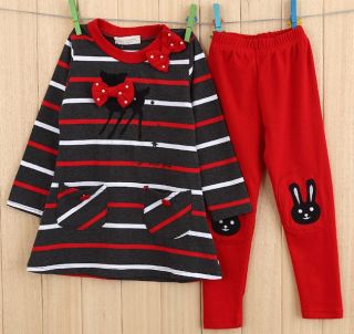 New Girl Striped Bow Deer Top T Shirt Pant 2piece 2 8Y Clothing Outfit TS019