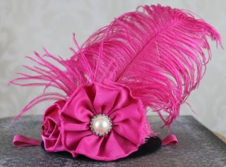Hot Pink Black Baby Mini Top Hat Headband Feather Vintage Pageant Photo Prop