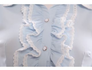 A9878 Woman Ladies Elegant Baby Blue Pearls Lace Ruffle Long Sleeve Blouse Shirt