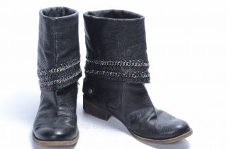 Nine West Barstool Ankle Boot 9 5 Black Leather Chain Moto Cuff Bootie Shoe $169