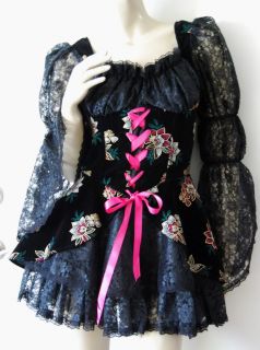 Charades Size s Black Velvet Floral Lacey Lady Pirate Wench Costume Dance Dress