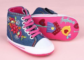 Baby Girl Embroidered Floral Shoes Denim Crib Sneakers Size Newborn to 18 Months