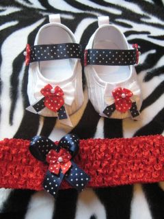 Baby Girls Shoes 3 6 Month Headband Red White Blue Spot Wedding Christening