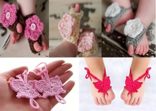Cute Handmade Knit Butterfly Flower Barefoot Sandals Newborn Baby Photograph New