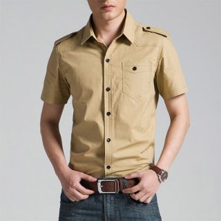 Mens Short Sleeve T Shirt Cool Army Style Uniform Cotton Blend Tops Dress Shirts