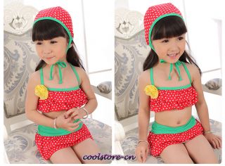 Toddler Kid's Girl Swimwear Bathingsuit Bikini Set Cap Dot Strawberry Red Y501
