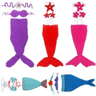 3pcs Newborn Baby Girls Little Mermaid Tail Outfit Crochet Costume Photo Props