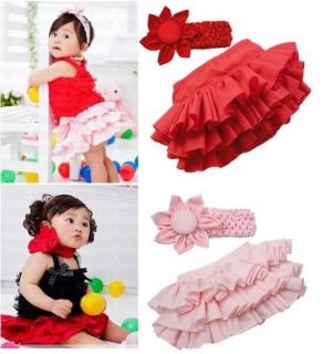 2 Pcs Kids Baby Girls Ruffle Skirt Pants Headband Bloomers Nappy Costume 0 24M