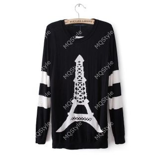 New Womens Fashion Crewneck Eiffel Tower Loose Knit Pullover Sweaters B3295