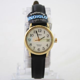 Women Ladies Timex T2H341 Leather Indiglo Waterproof Quartz Wrist Watch Black 753048176298