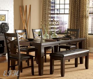 New 6pc Hawn Rich Walnut Finish Wood Rectangular Dining Table Set w Bench