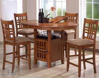 New 5pc Nevada Oak Finish Wood Counter Dining Table Set w Cabinet Storage