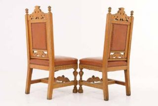 Antique Scottish Carved Oak Hall Chairs Leather Seats