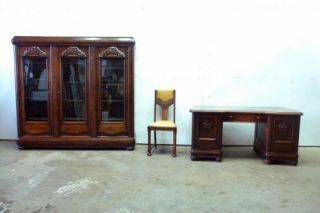 German Art Deco Office Suite Bookcase Desk and Chair Oak 1930