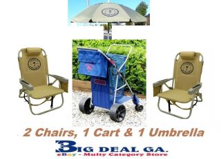 2 Tommy Bahama Backpack Cooler Beach Chairs Tan 1 Cart 7' Umbrella