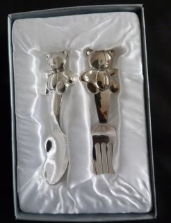 Cute Teddy Handle Silver Plated Spoon and Fork Set for Baby Christening Present