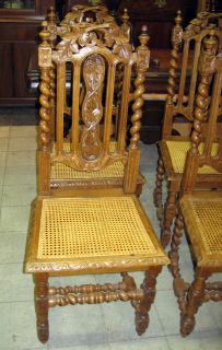 Antique Carved Oak Dining Chairs with Cane Seats