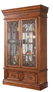 Vintage Walnut Curio Display Cabinet with Wrought Iron Accents
