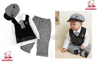3 24M Smart Baby Boy 5pcs Black White Check Pattern Formal Suit w Tie Vest Hat