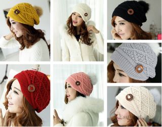 Warm Fashion Beret Ski Beanie Women Button Crochet Knit Ball Wool Hat Cap