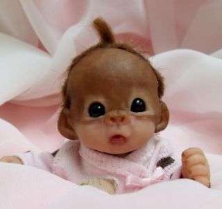 OOAK Baby Orangutan Monkey Girl Sculpted Polymer Clay Art Doll Poseable w Dolly