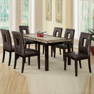 7 Pcs Two Toned Faux Marble Table Top Bycast Leather Chair Espresso Dining Set