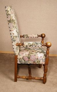Antique English Solid Oak Large Floral Upholstered Arm Chair c1899 A61