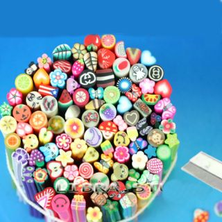 100pcs Cute 3D Nail Art Fimo Canes Rods Sticks Sticker Decoration with Blade New