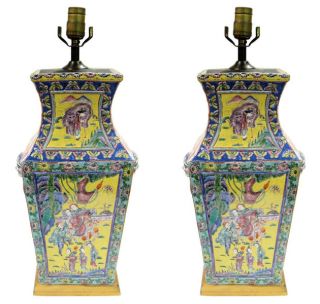 Pair of Chinese Famille Jaune Porcelain Table Lamps