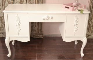 Shabby Cottage Chic White Vintage Style Vanity Desk 5 Drawer White Rose WOW