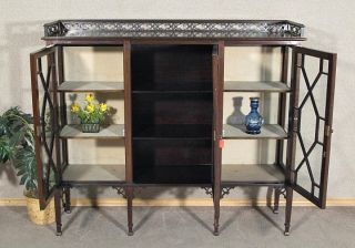 Antique English Flame Mahogany Curio Display Cabinet w Bookcase c1920 K30