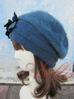 Womens Winter Rabbit Fur Wool Flower Trim Beanie Cap Dress Crochet Beret Hat